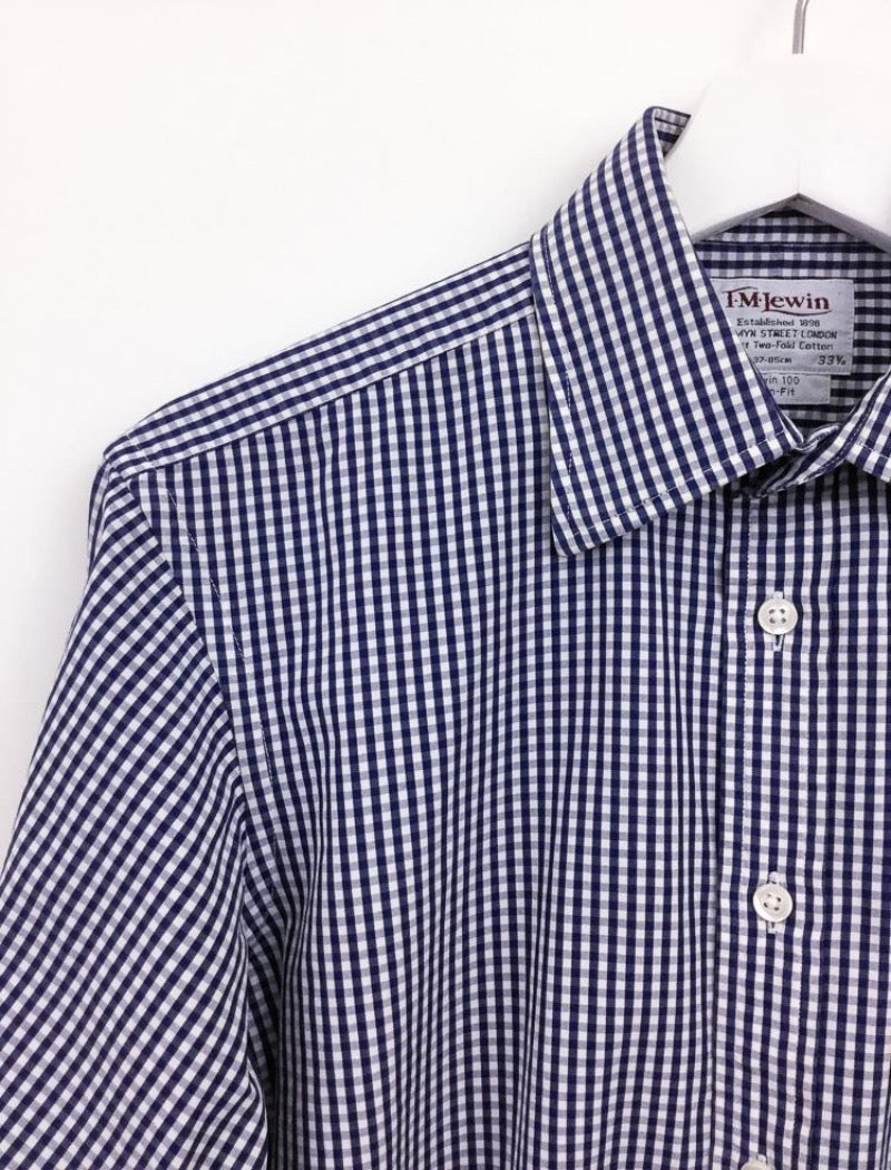 Men's blue & white gingham check slim fit cufflink shirt