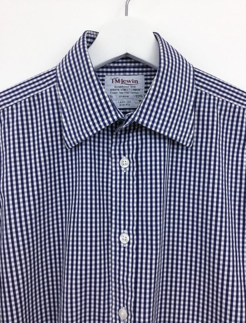 Men's blue & white gingham check slim fit cufflink shirt