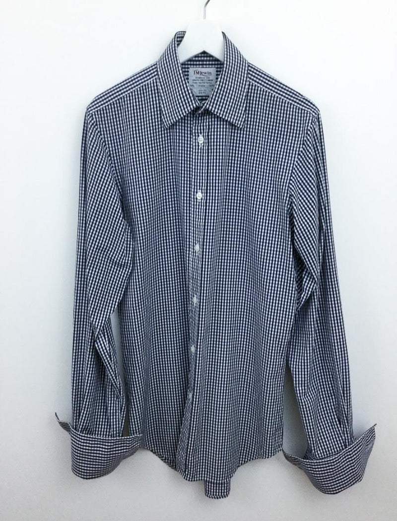 Men's blue & white gingham check slim fit cufflink shirt