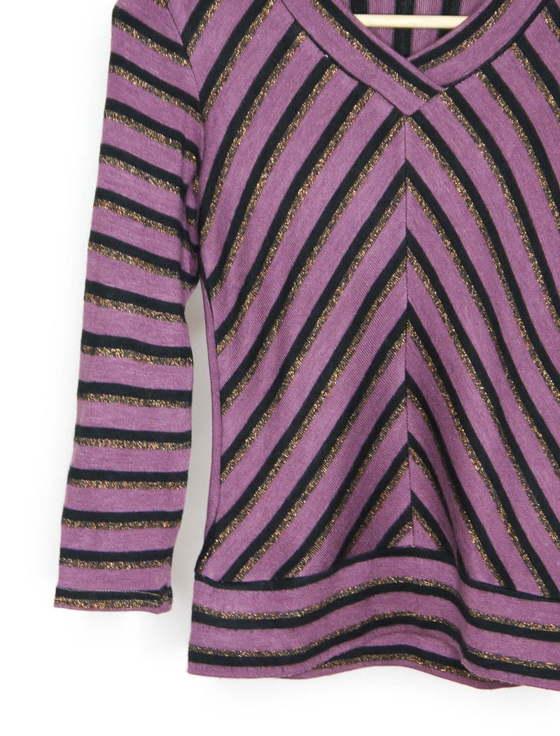 V-neck purple lurex stripe knit jumper