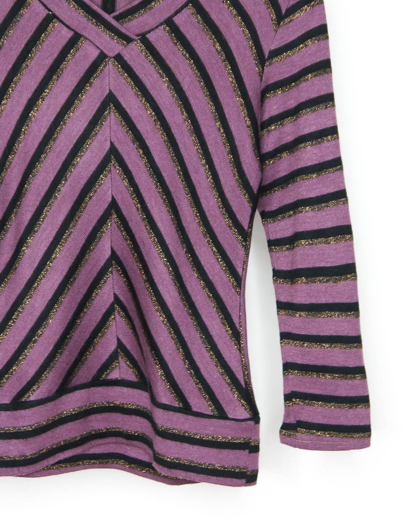 V-neck purple lurex stripe knit jumper