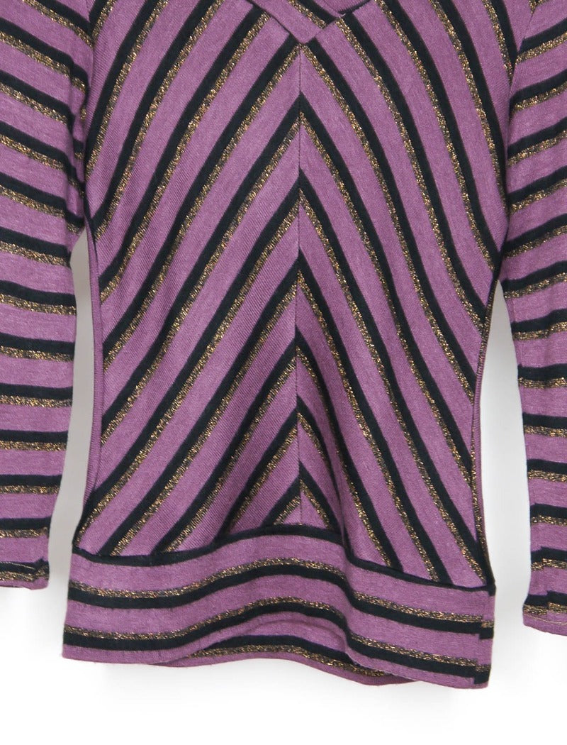 V-neck purple lurex stripe knit jumper