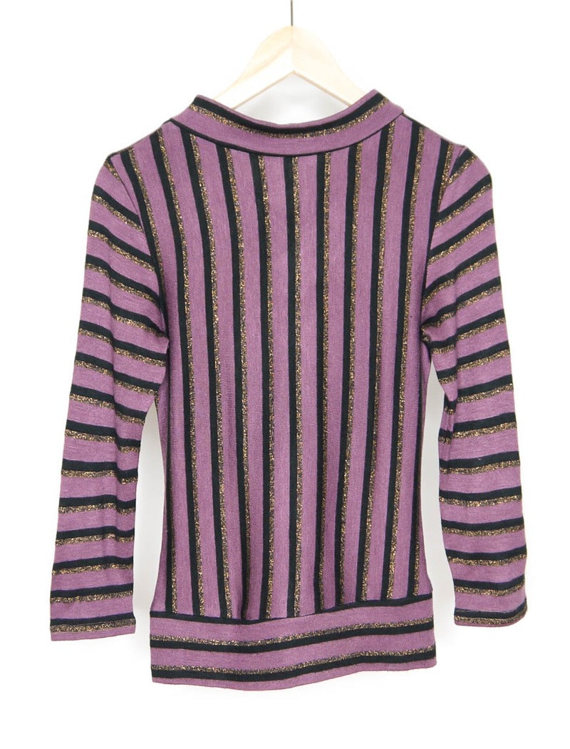 V-neck purple lurex stripe knit jumper