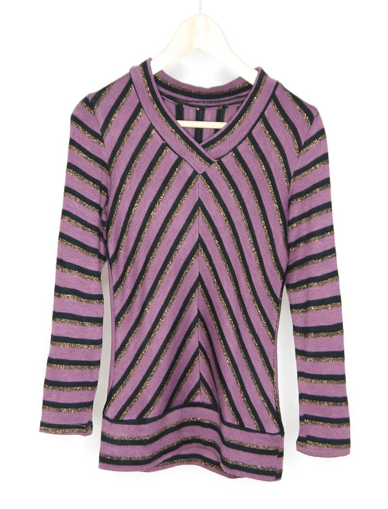 V-neck purple lurex stripe knit jumper