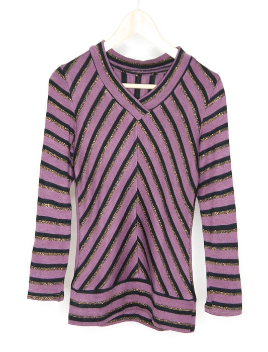 V-neck purple lurex stripe knit jumper