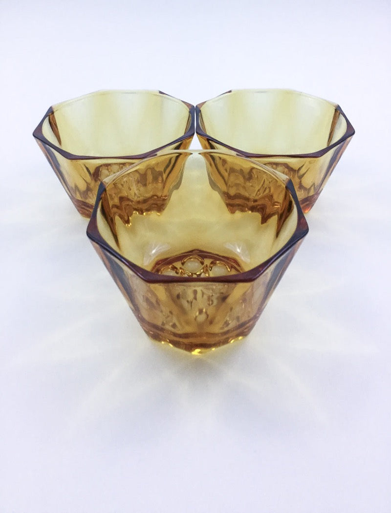 Vintage amber glass set of 3 hexagonal mini serving bowls