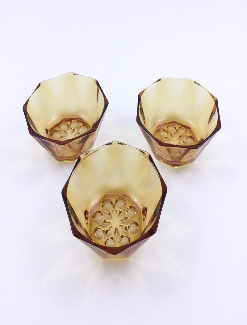 Vintage amber glass set of 3 hexagonal mini serving bowls