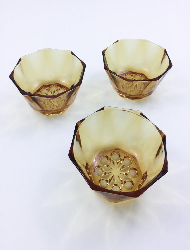 Vintage amber glass set of 3 hexagonal mini serving bowls