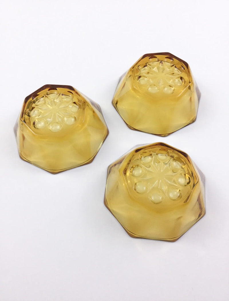 Vintage amber glass set of 3 hexagonal mini serving bowls