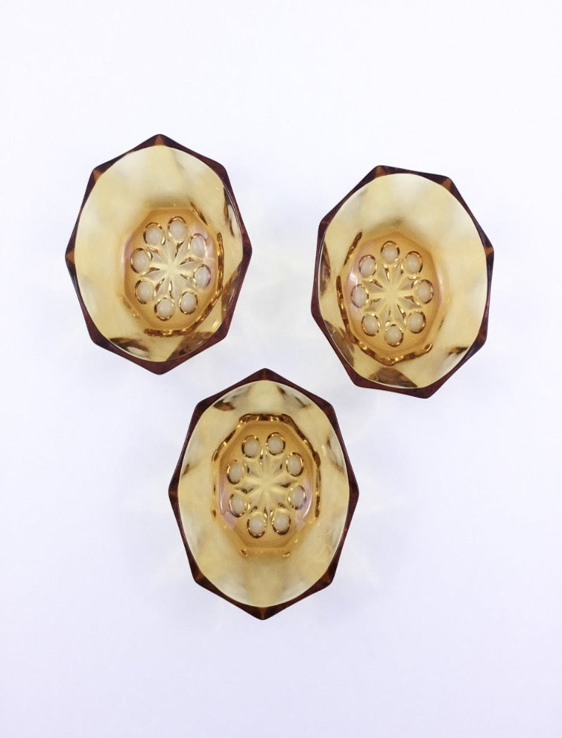 Vintage amber glass set of 3 hexagonal mini serving bowls