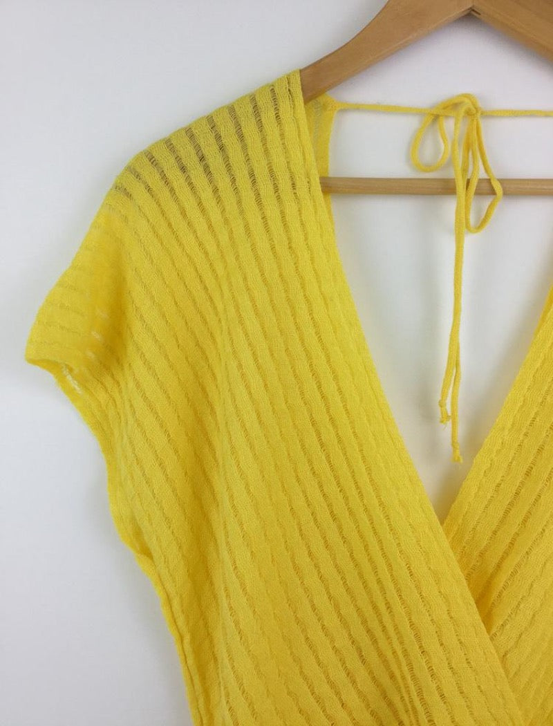 Yellow cross over striped knit top