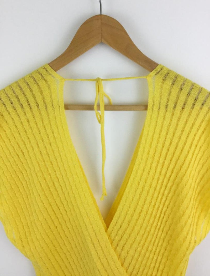 Yellow cross over striped knit top