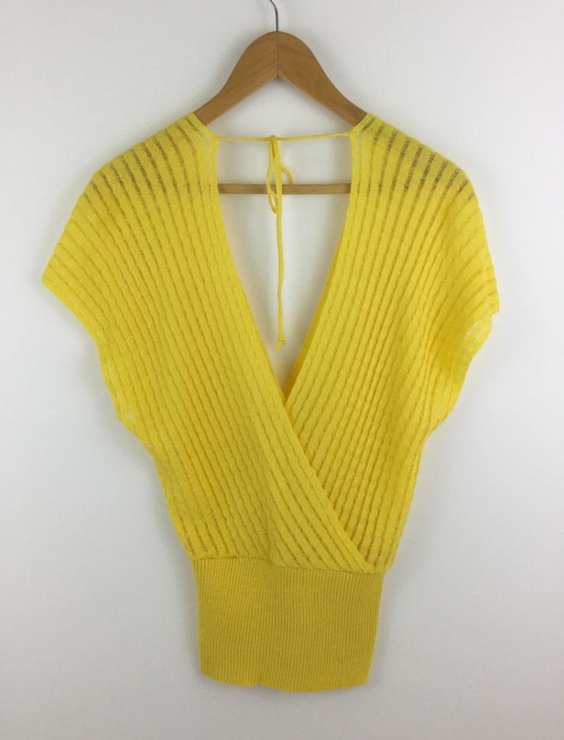 Yellow cross over striped knit top