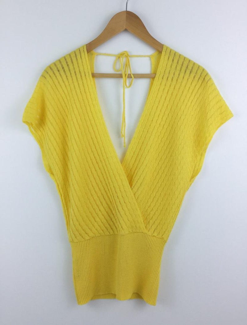 Yellow cross over striped knit top